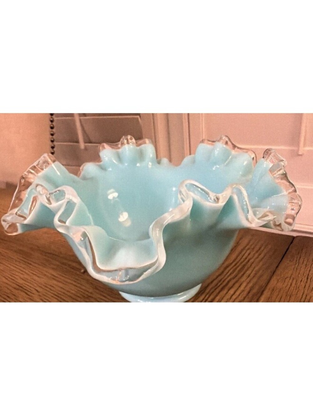 Vintage Fenton Turquoise Milk Glass Bowl with Silver Crest Crimped Edge